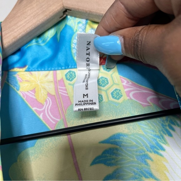 Natori Women Kimono Robe Medium‎ Satin Longline Duster Floral Crane Blue Yellow - Picture 9 of 9